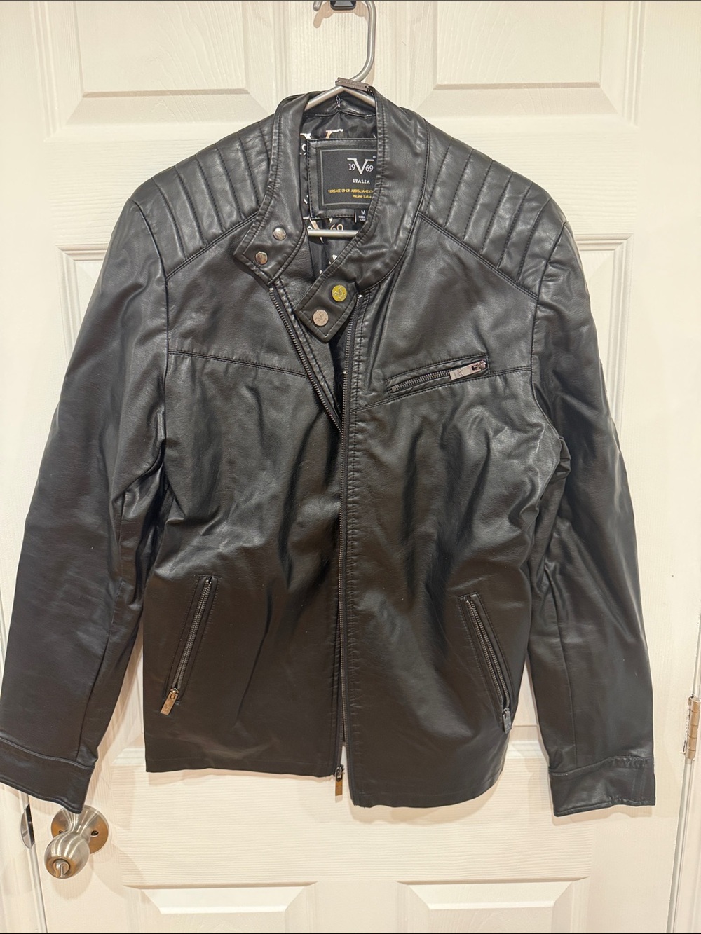 V1969 (Versace) Black Quilted-Shoulder Faux Leather Bomber Jacket